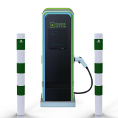 Barrier bollard | as e-charging station protection |  89 mm | hot-dip galvanized and white powder-coated with 3 green reflective strips foil type RA1/A | for casting in concrete